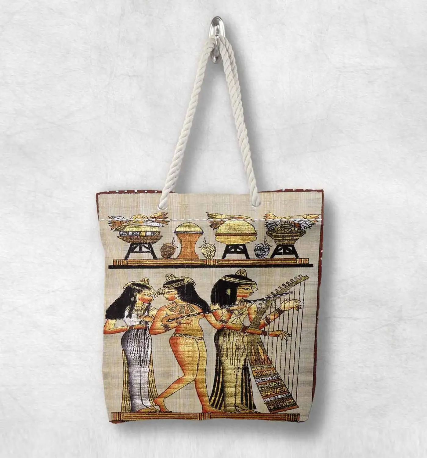 

Else Yellow Persian Antique Egypt Design New Fashion White Rope Handle Canvas Bag Cotton Canvas Zippered Tote Bag Shoulder Bag