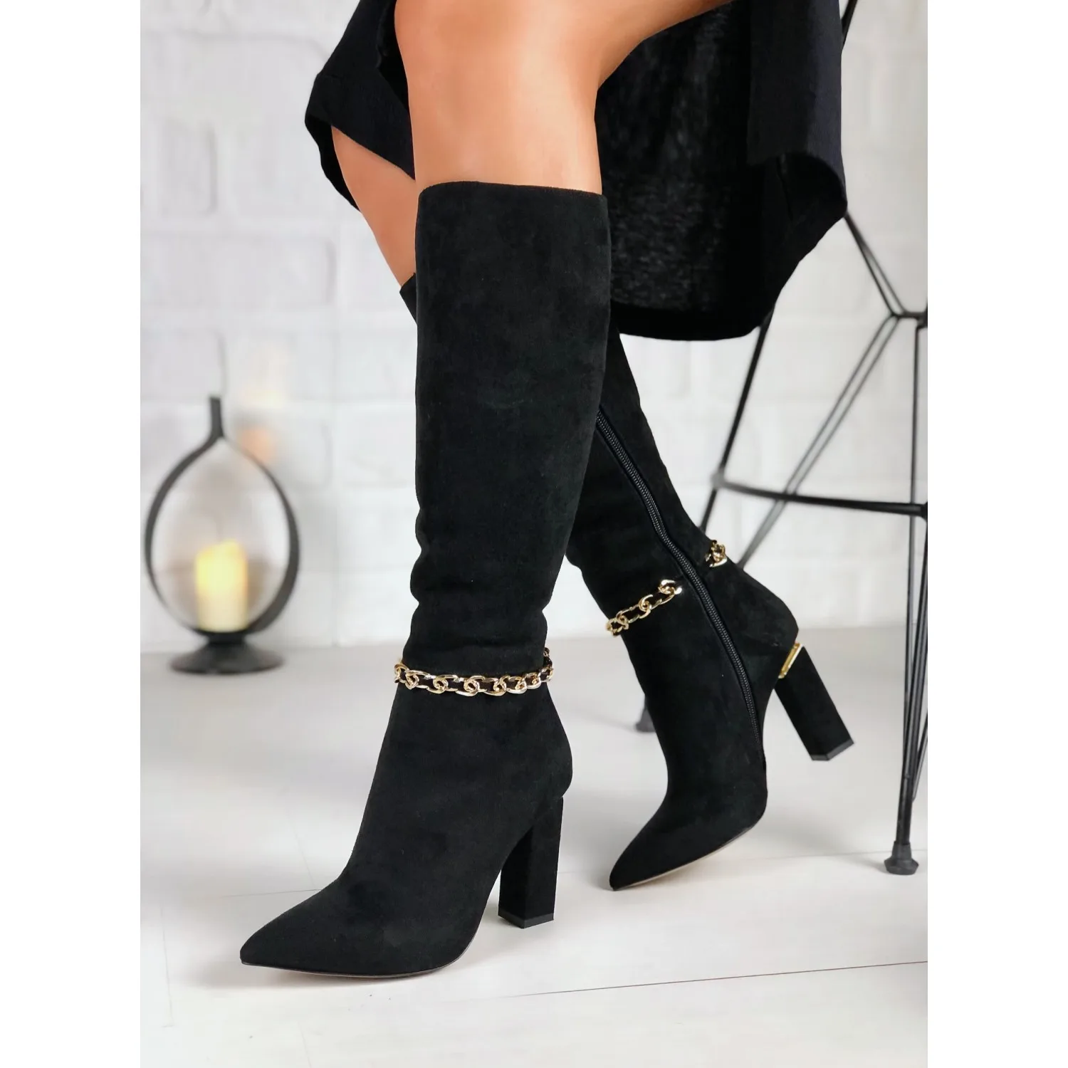 

Black Suede Chain Detail Boots new season modern orthotic insole pointed toe chain detail high design heel women fashion