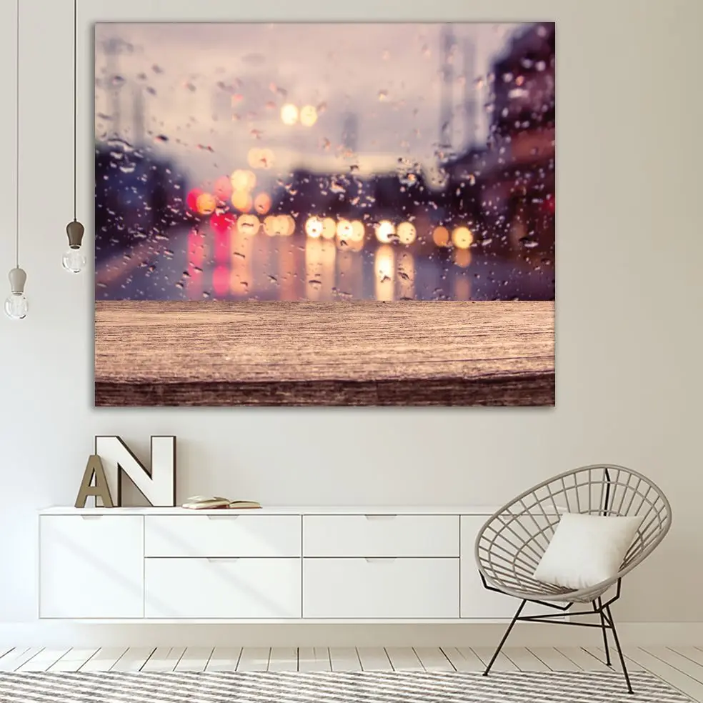Tapestry Wooden Table with Blur Traffic View through a Car Windscreen Covered in Raindrops Rainy Evening Picture Brown Yellow | Дом и сад