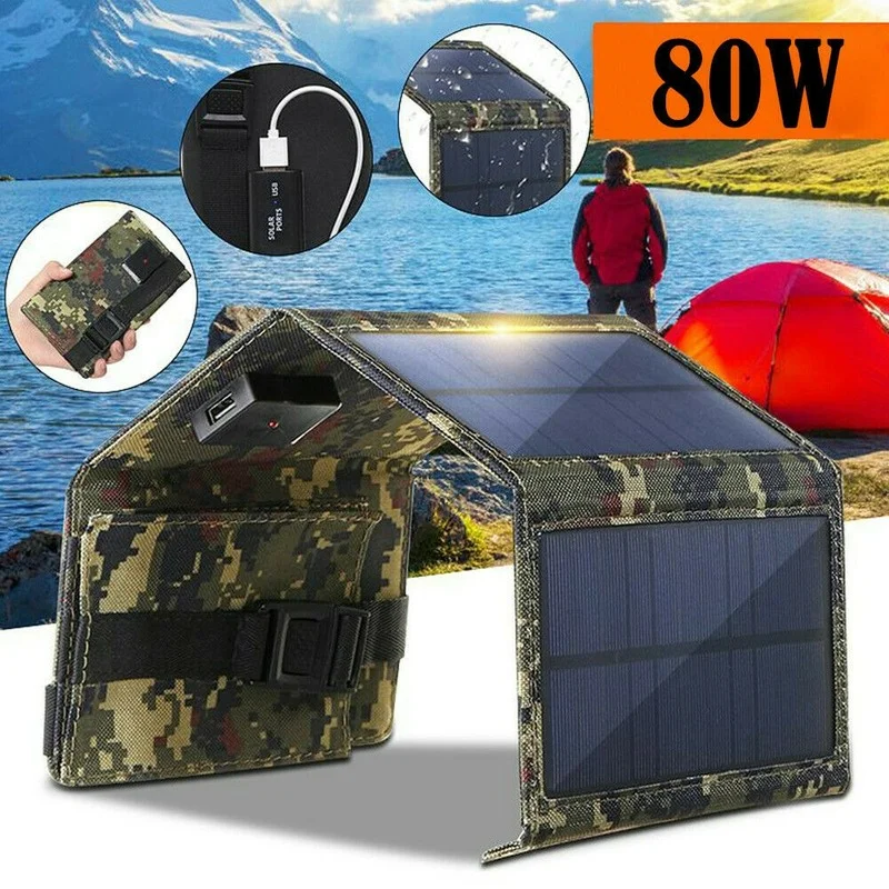 

Portable 80W USB Solar Panel Folding Power Bank Foldable Waterproof Power Bank Outdoor Camping Hiking Phone Charger