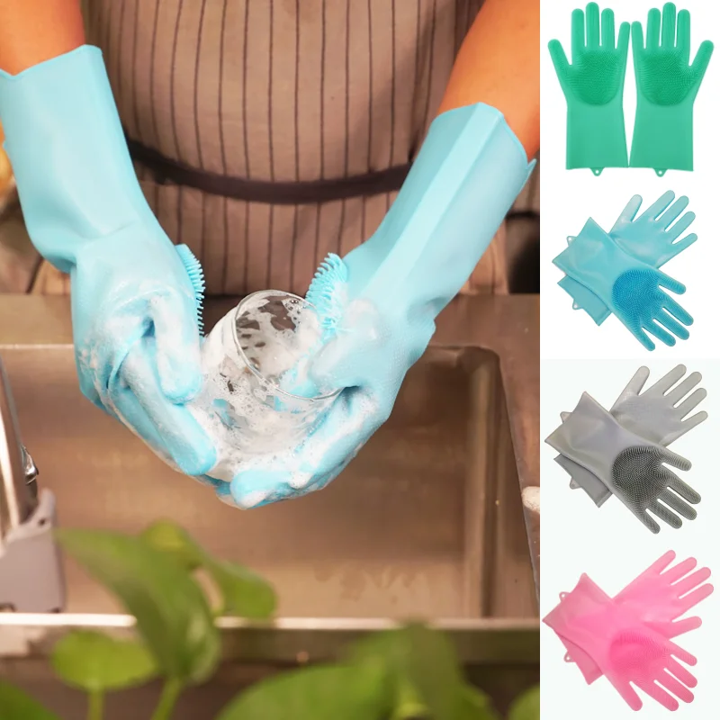 

1Pair Dishwashing Cleaning Gloves Magic 100% Silicone Rubber Dish Washing Glove for Household Scrubber Kitchen Clean Tool Scrub