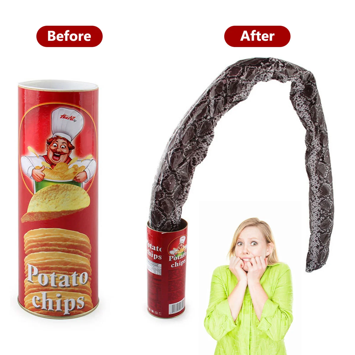 

Potato Chips Cans Fake Snake Toy Funny Novelty Prop Tricks for Children Prank Toys Practical Jokes Gag Dogs React To Prank Toys