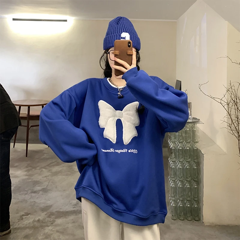 

Composite Sweatshirts Women Autumn Winter New Design Bow Printing Long Sleeve O Neck Korean Hoodies Streetwear Loose Tops H791