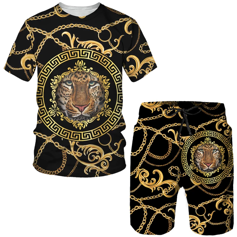 Camiseta con estampado 3D de león dorado para hombre, conjunto de dos piezas, chándal de manga corta de moda Hip Hop