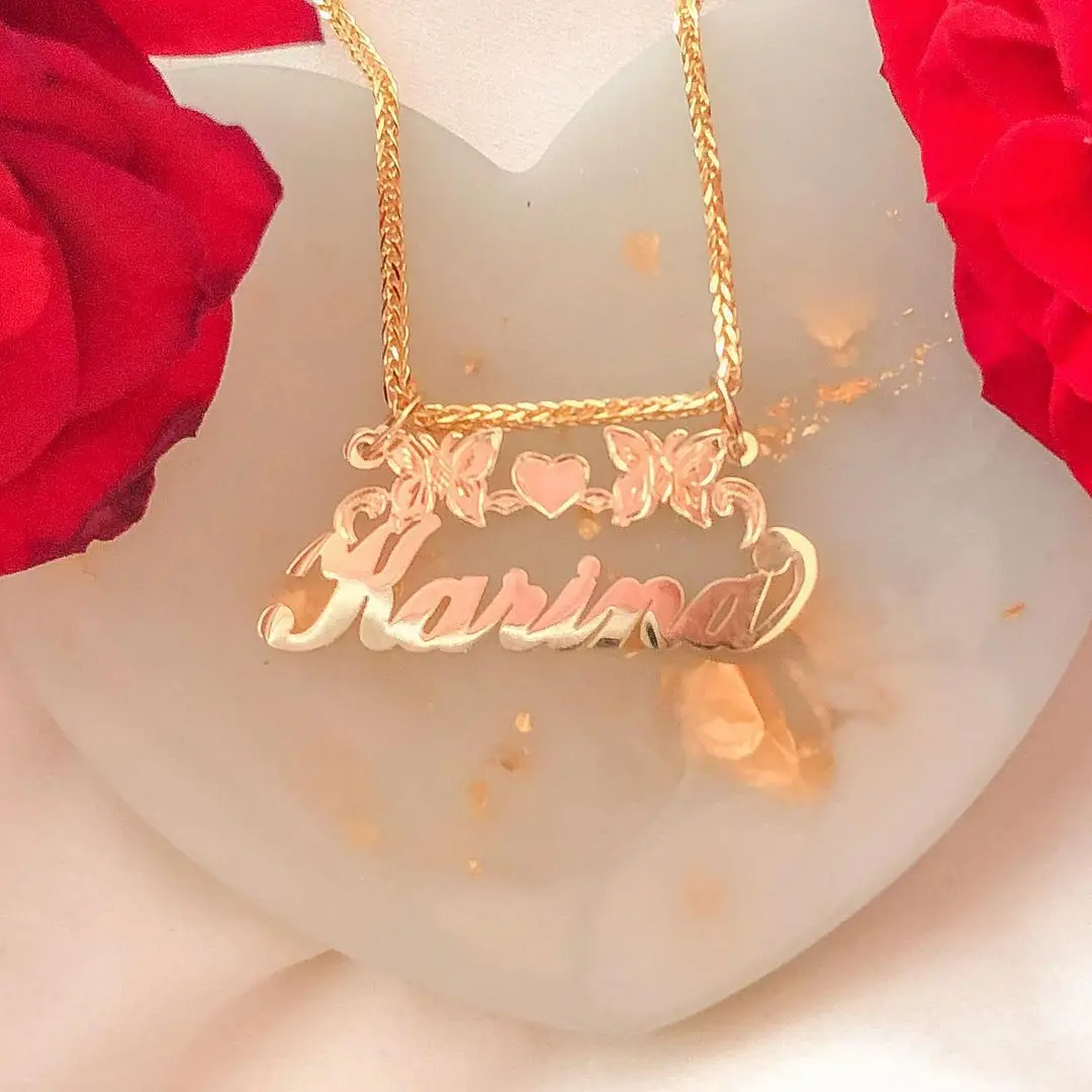 18K Gold Plated Yellow Cursive Butterflies &Heart Custom Nameplate Pendant Necklace Stainless Steel Jewelry Gift For Women