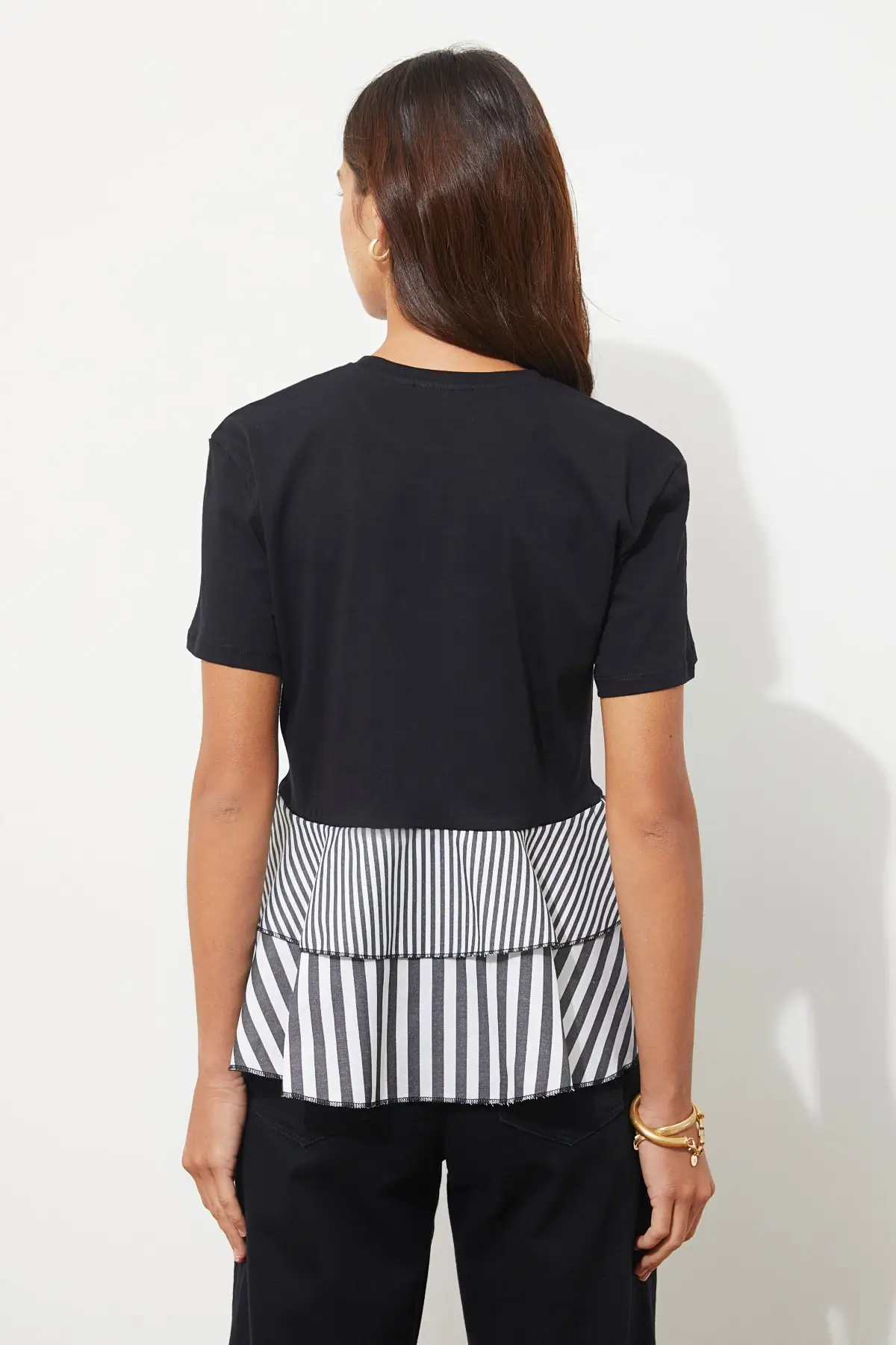 

Black Ruffle And Striped Woven Detailed Knitted Blouse