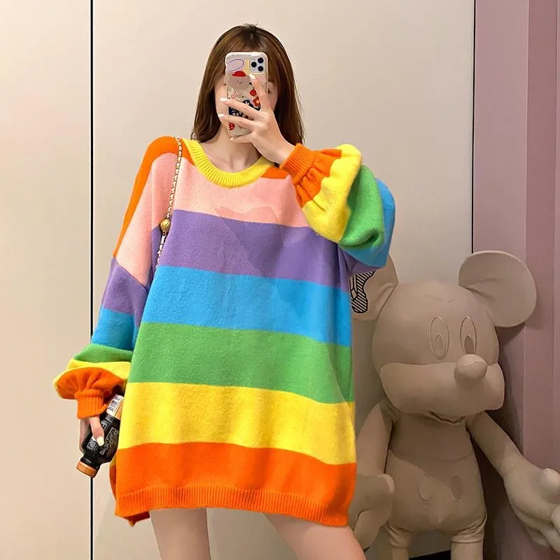 

Plus Size Women's Loose-Fitting Belly Lazy Rainbow Pullover Ladies Loose Youthful Vitality For Famle Colorful Knitted Top