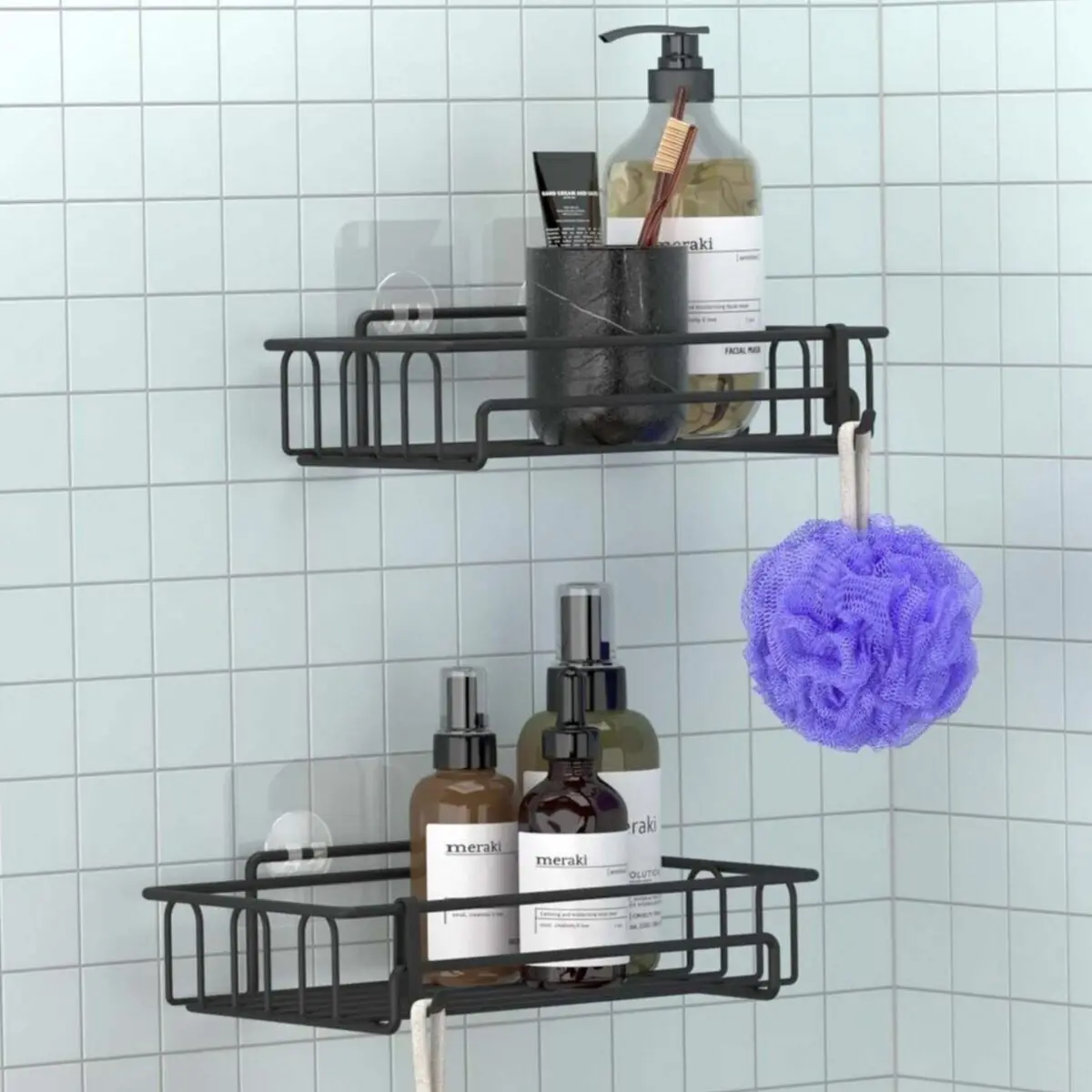 

2 Pieces Bathroom Shelves with Adhesive Hooks Matt Black bathroom accessories organizer for cosmetics Storage makeup Shelves