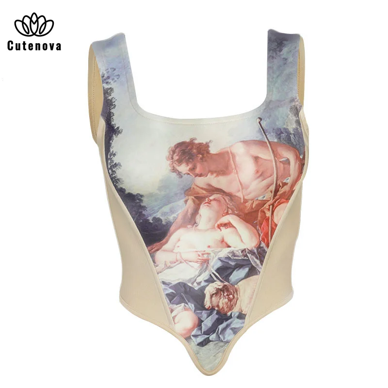 

Cutenova Casual Women'Tops Sleeveless Square collar Cartoon Print Sling T-Shirt 2020 Fall Winter Fashion Party Clubwear