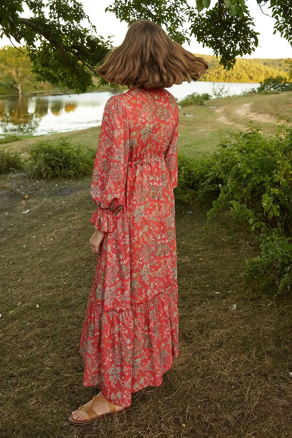 

Dubai Muslim Flower Pattern Dress Red Fashion Floral Print Elastic Waist Women Dress Vintage Long Sleeve A-line Female Dresses