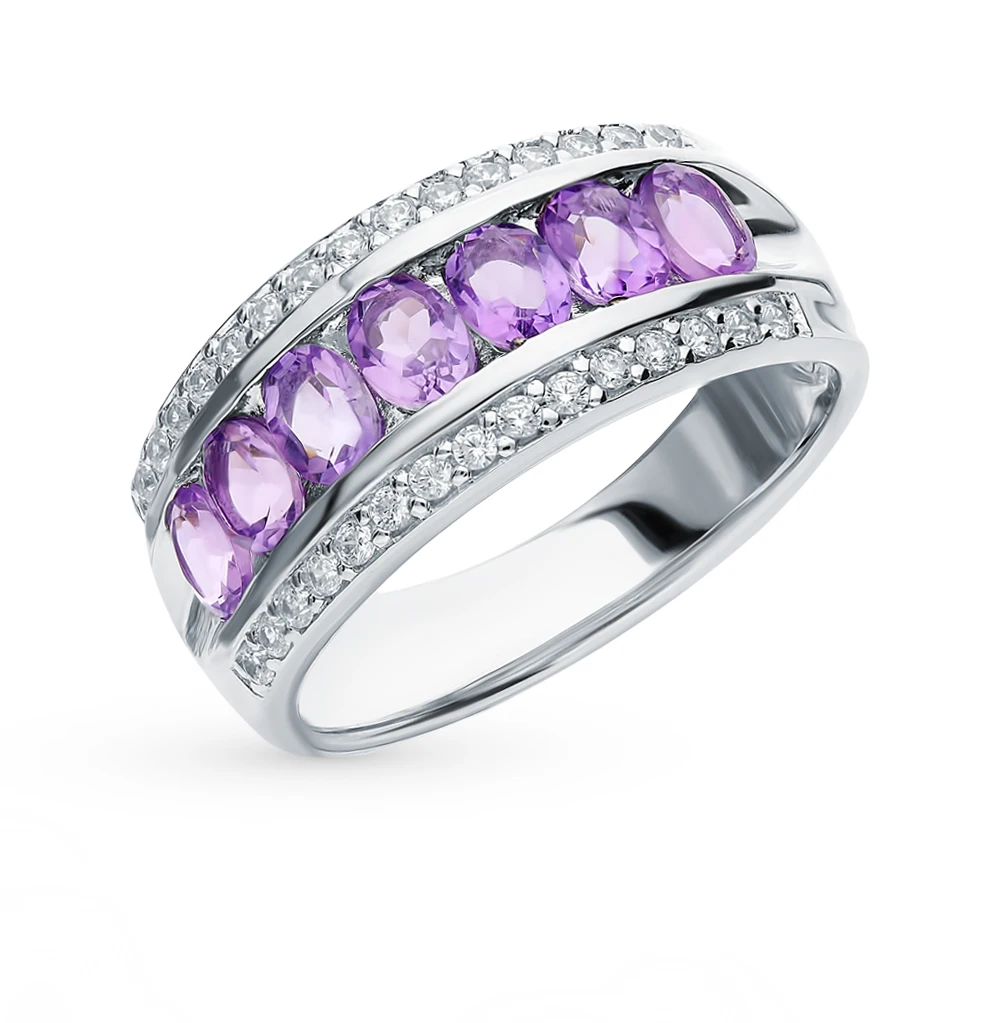 Серебряное кольцо с аметистом и фианитами SUNLIGHT проба 925|Кольца| |