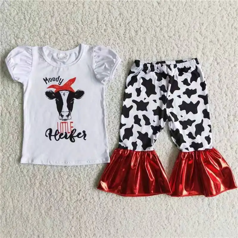 

hot sale spring children clothing kid spring fashion baby girl outfit moody heifer white t shirt and cow pant outfit