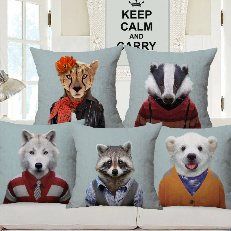 Наволочка льняная с рисунком животных морская выдра волк крупный рогатый скот