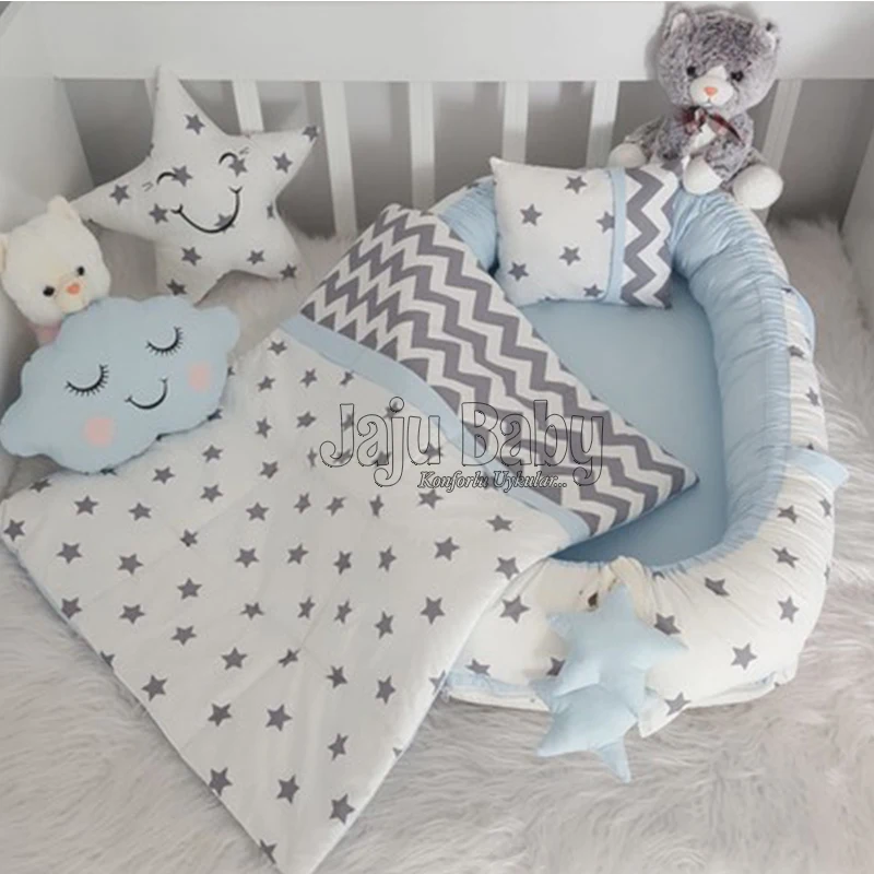 Jaju Baby Handmade Blue and Gray Starry Luxury Orthopedic Babynest and 5 Piece Bedding Set Mother Side Portable Baby Bed