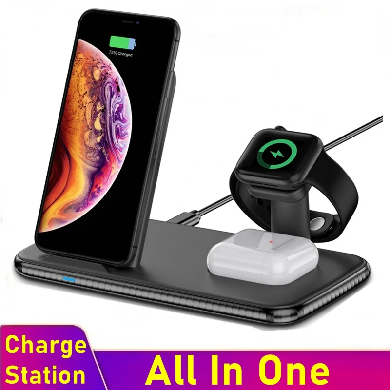 Универсальное беспроводное зарядное устройство 4 в 1 15 Вт QI для Apple Watch 5 3 2 Iphone 8 Plus XS