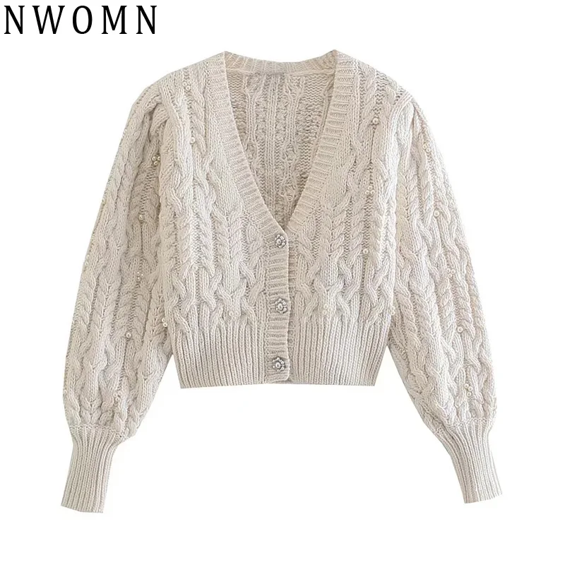 

Женский Укороченный кардиган с буфами Za, бежевый Кардиган с длинным рукавом и жемчужинами, модный свитер в Корейском стиле на пуговицах, 2021