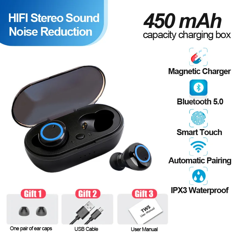 TWS Bluetooth Earphones Wireless Headphones With Microphon 450mAh Charging Box HIFI Stereo Sports Y50 Waterproof Earbuds Headset