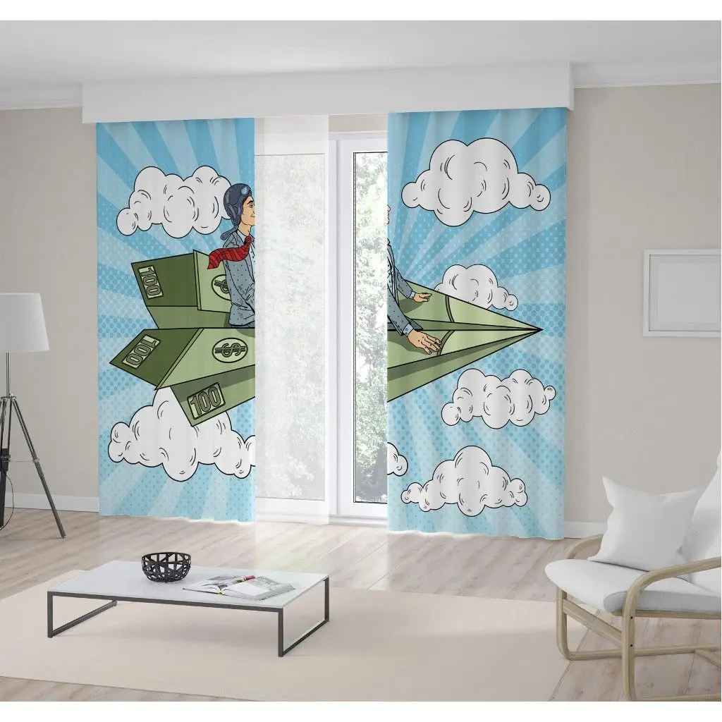 

Curtain Pop Art Businessman in a Suit and Tie on Flying Dollar Paper Plane among Clouds Fun Creative Illustration