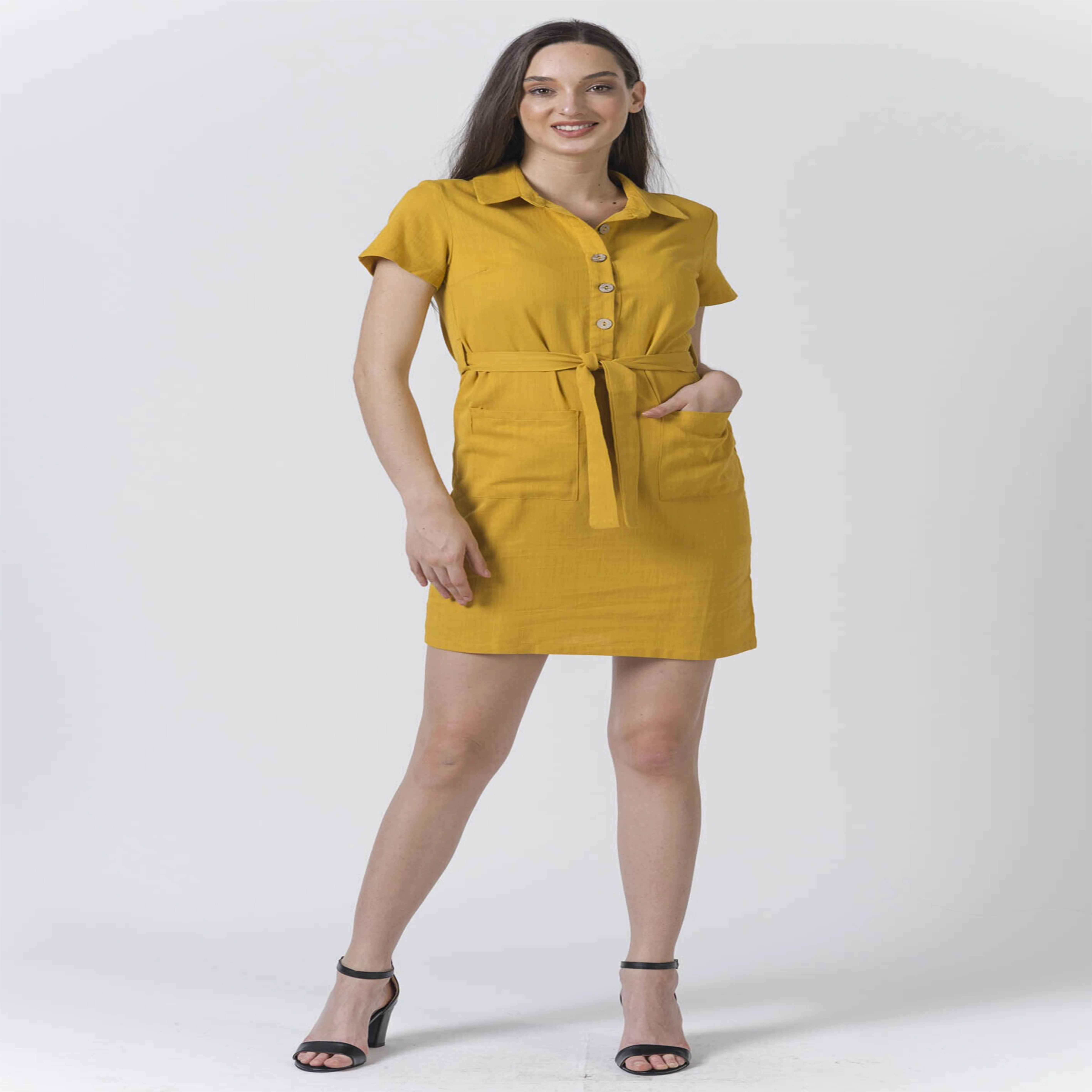 

Women's White Shirt Collar Pocket Linen Dress, Women's Fashion Casual Style Slim Summer Short Dress With Belt Above Knee Roomy