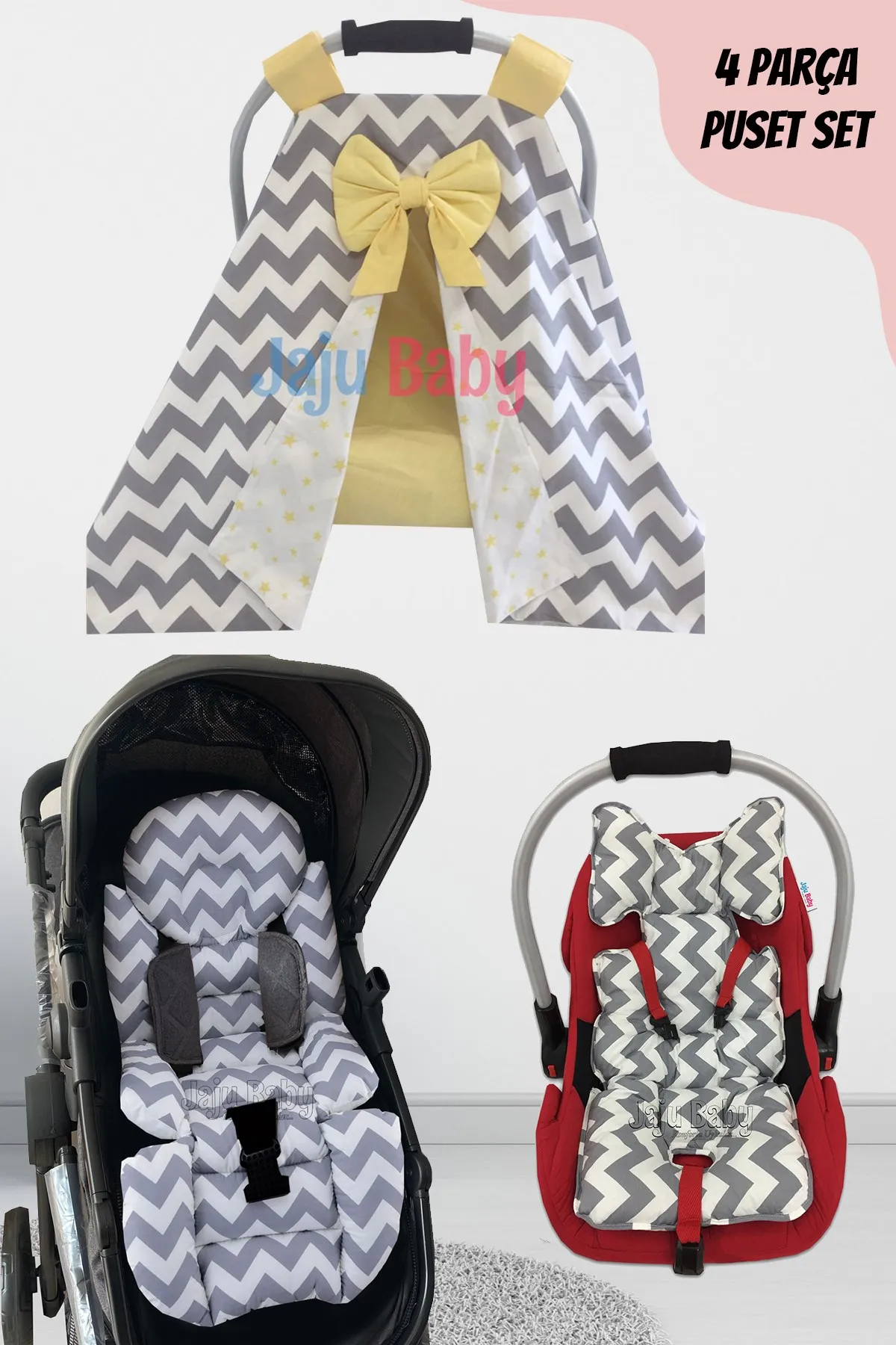 Jaju Baby Handmade, Yellow Gray Zigzag 4-Piece Stroller Set (With Handle)