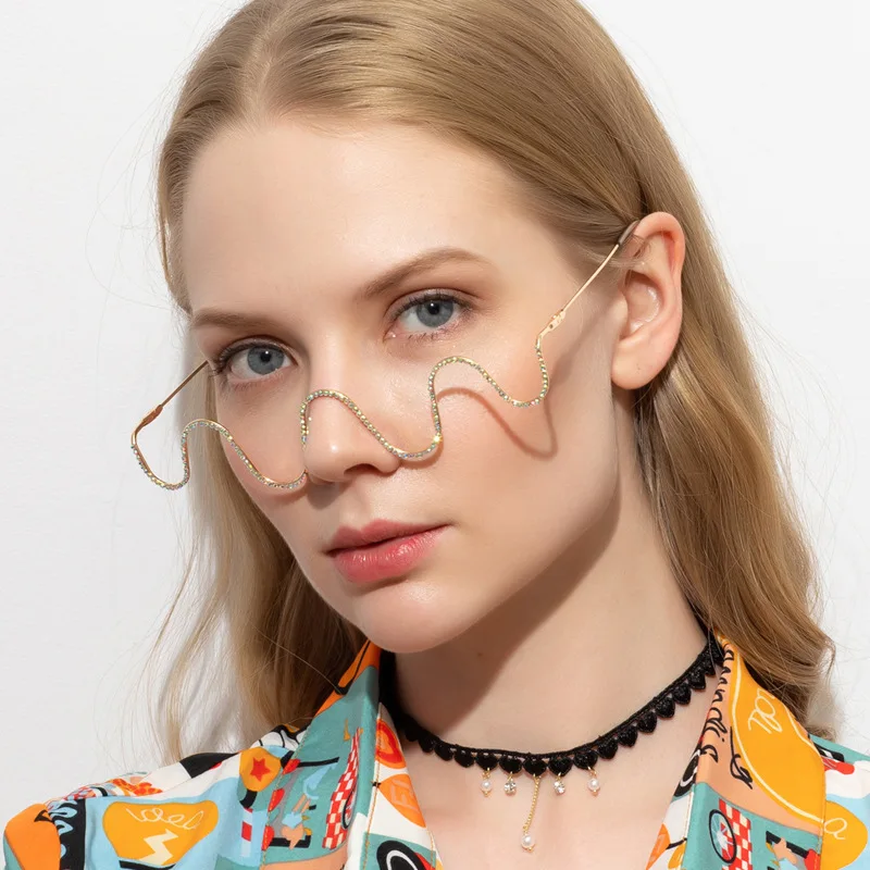 

Women Alloy Decorative Fake Glasses Fashion Ladies Half-rim Lensless Eyewear Frames Retro Wavy Rhinestone Glsses Frame