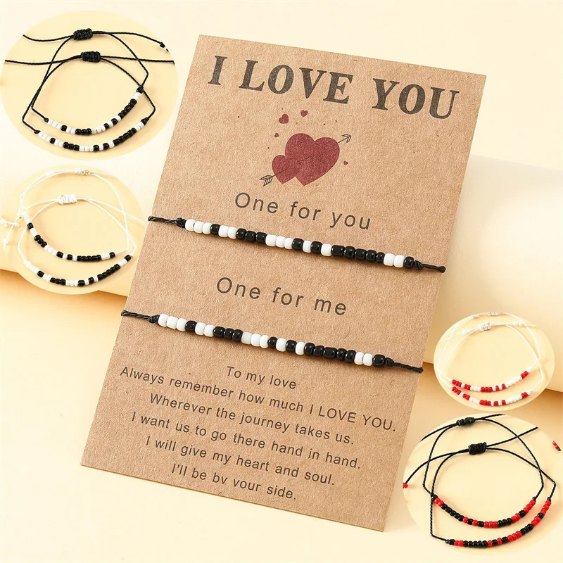 

2pcs Charm Braided Rope Bracelets I Love You Lover Couple Friendship Colorful Beads Handmade Bracelet Wish Card Jewelry Gift