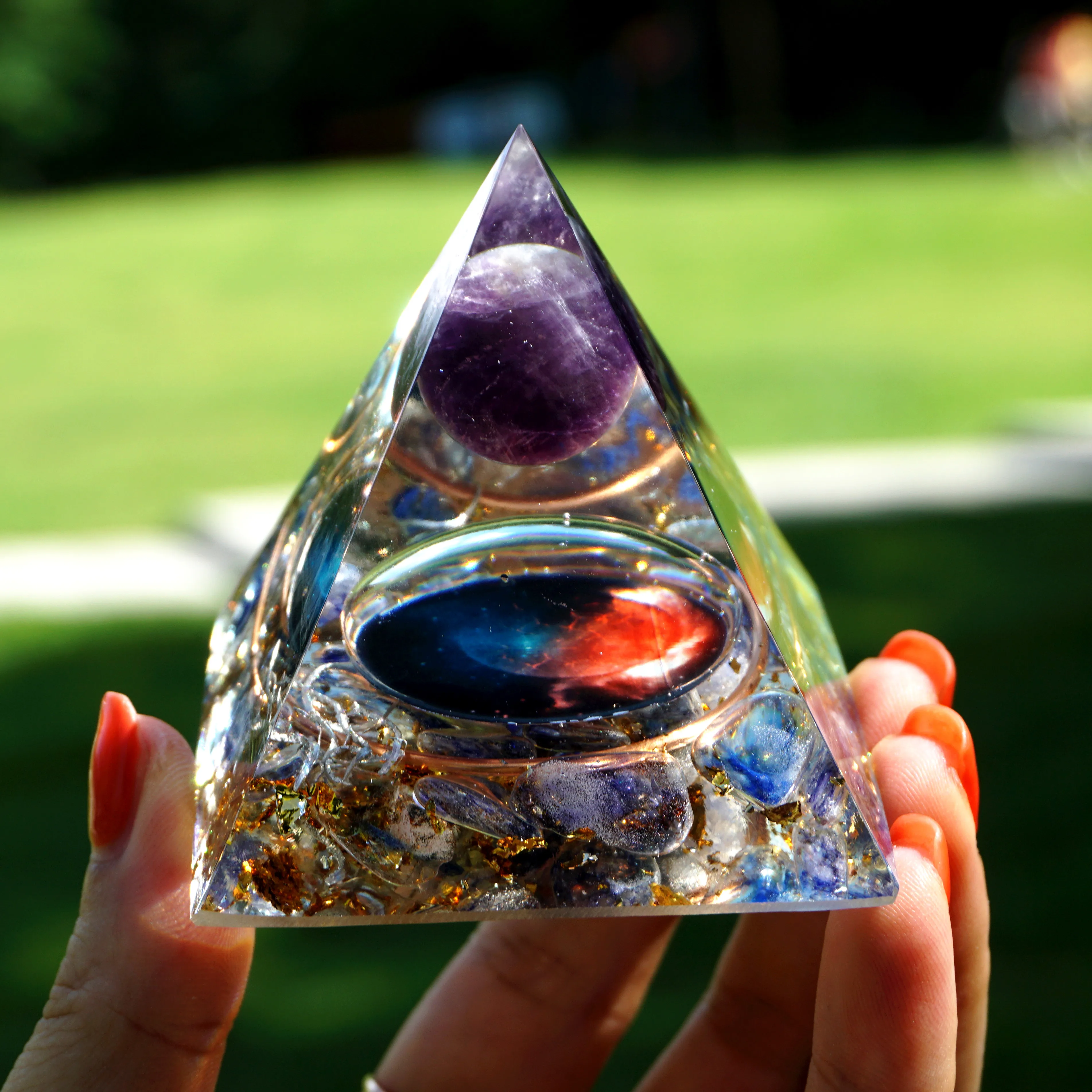 

Galaxy Series Orgone Pyramid Amethyst Crystal Sphere with Blue Quartz Crystal Stone Resin Aluminum Shavin Orgonite healings