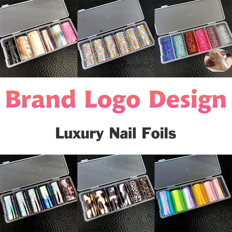 

6 Slots Nail Transfer Foils Luxury Designer Brand Logo Metallic Animal Skin Silk Holographic Manicure Art Decoration Decal Paper