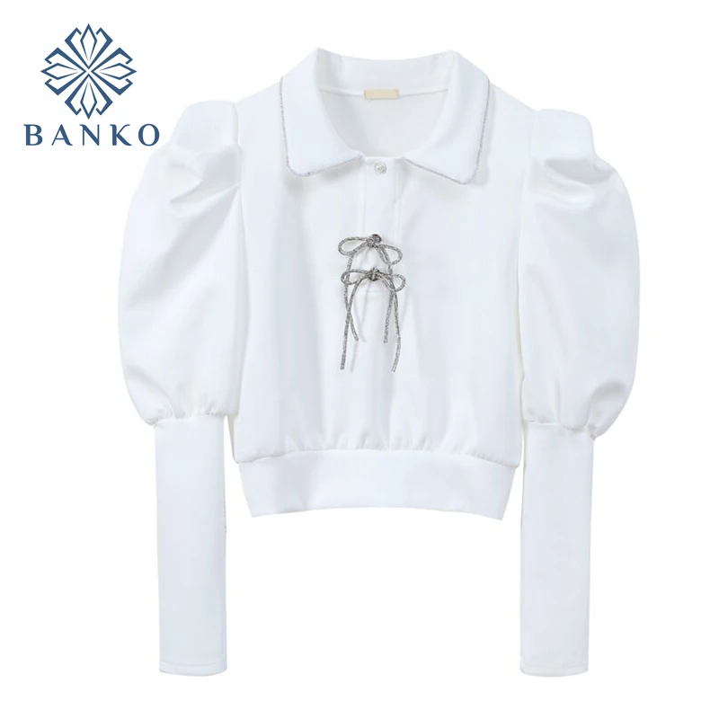 

Chic Crop Blouses Bownot Elegant Puff Long Sleeve 2021 New Shirts Women Lapel White&Black Retro Ins Pullover Short Blusas Tops