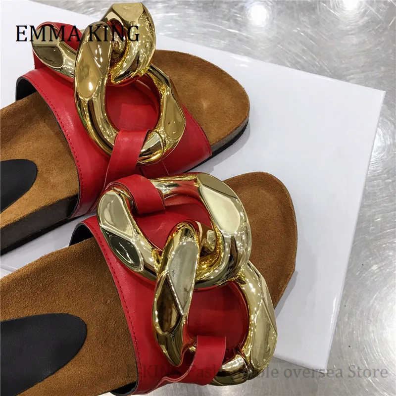 

2021 Summer Women Chain Flat Mule Sandals Genuine Leather Beach Sandals Open Toe Backless Brand Design Casual Slides Flip Flop