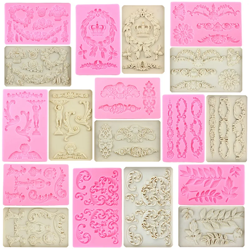 

Fondant Silicone Mold Baroque Scroll Relief Flower Angel Clock Cake Border Molds Wedding Cake Decorating Tools Chocolate Moulds