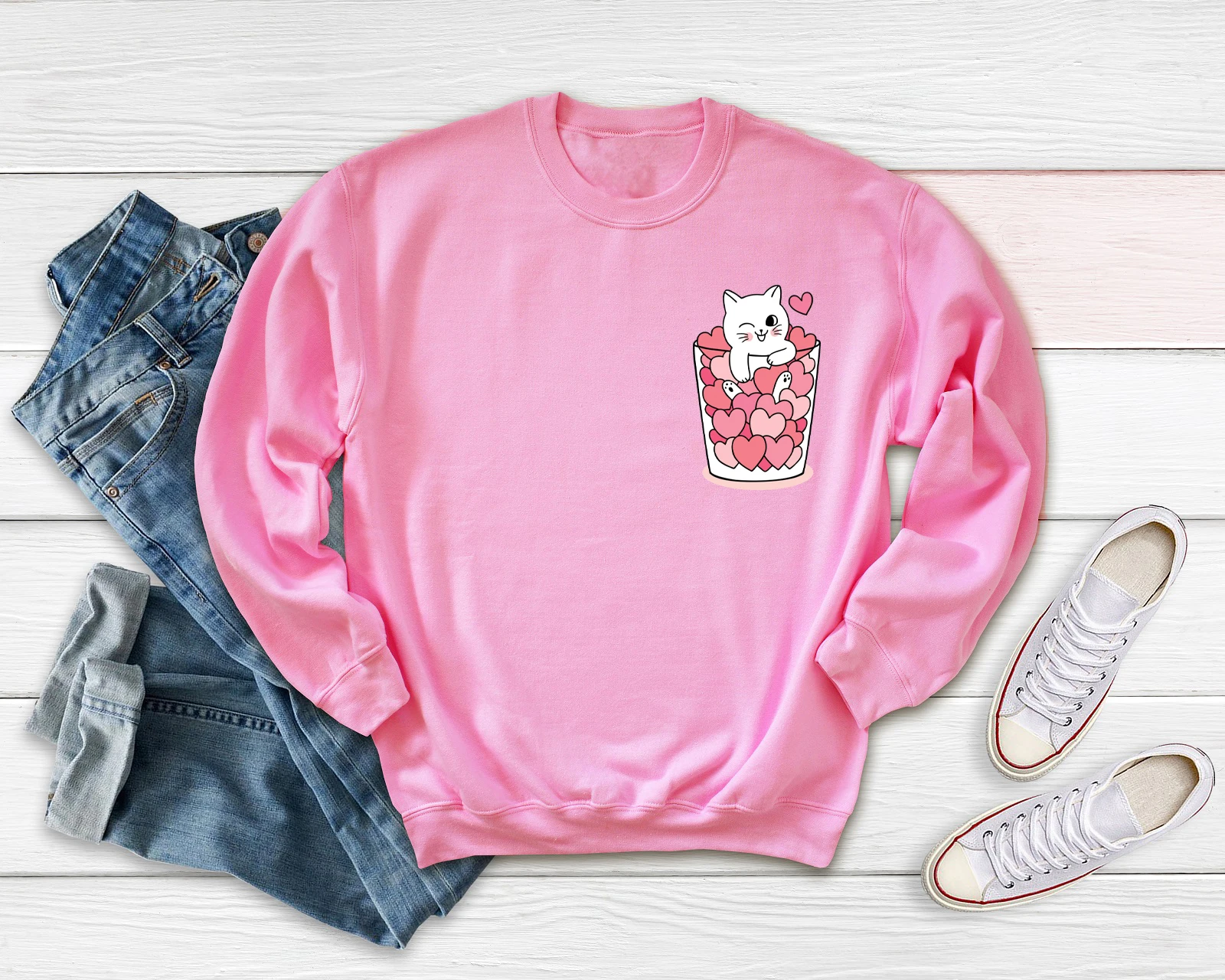 love heart teacup Cat Pocket Women's Sweatshirt lovers Pullover Harajuku style Sweats women Fashion casual Vintage Top | Женская