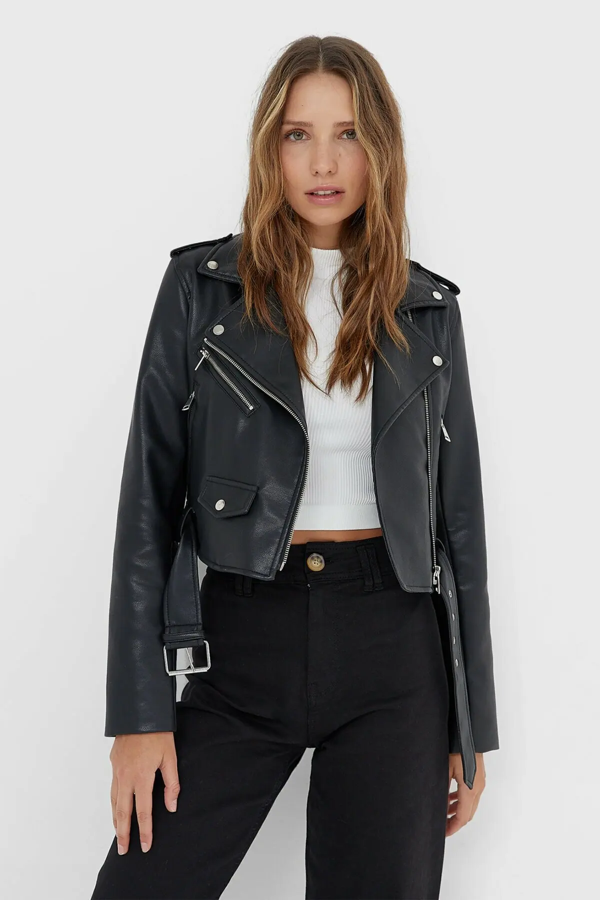 

Women's Black Arched Faux Leather Basic Biker Jacket Long Sleeve Zipper Arched Jacket Cotton Butter Windbreak Club New Season