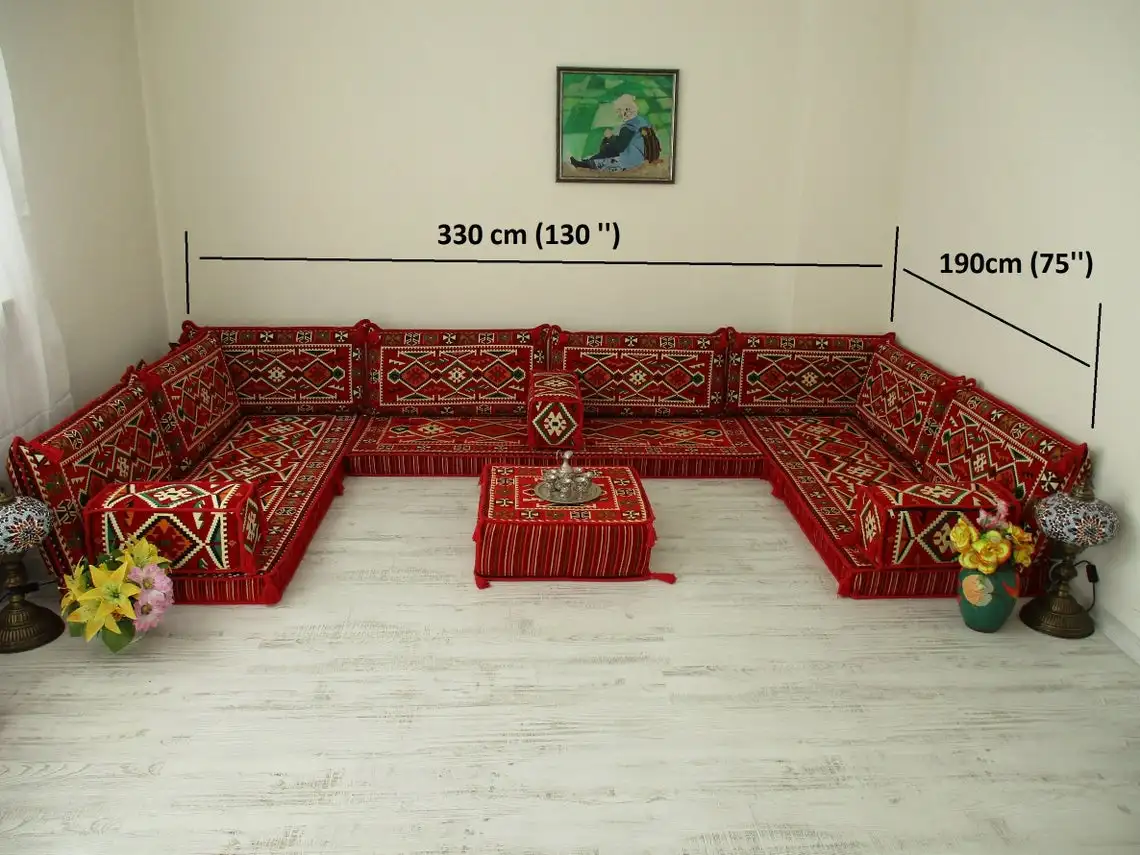 

U Style Arabic Sofa Floor Seating Set | Traditional Design Arabic Lounge Set | Arabic Majlis |Ottoman Couch | Rug | Arabic Jalsa