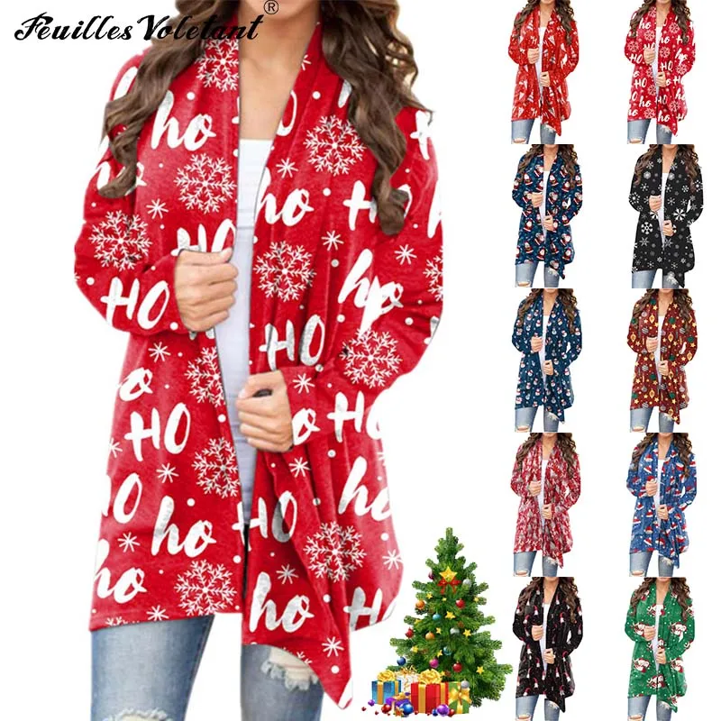 

3XL Женское пальто 2021, модное рождественское пальто с длинным рукавом и открытым спереди для женщин, кардиган с принтом снежинок, пальто, верх...
