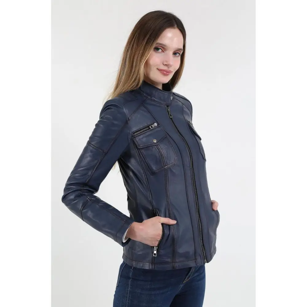 Genuine Leather Women's Blue Coat Leather Jacket Luxury Genuine Lambskin Back Jacket Coat Female Jacket Casual woman