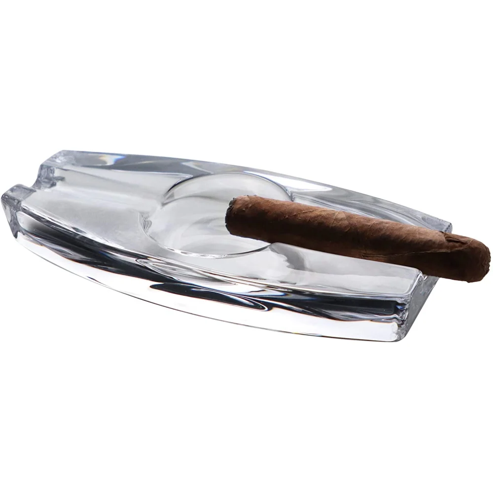 

Cigar Ashtray Crystal Glass Heavy Weight 1577gr - Windproof Long 2 Holder - Tobacco Luxury Smoking Accessory Home Office Balcony