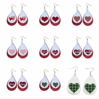 27 pairs plaid striped love heart pu leather earrings two layers red glitter valentines day stock