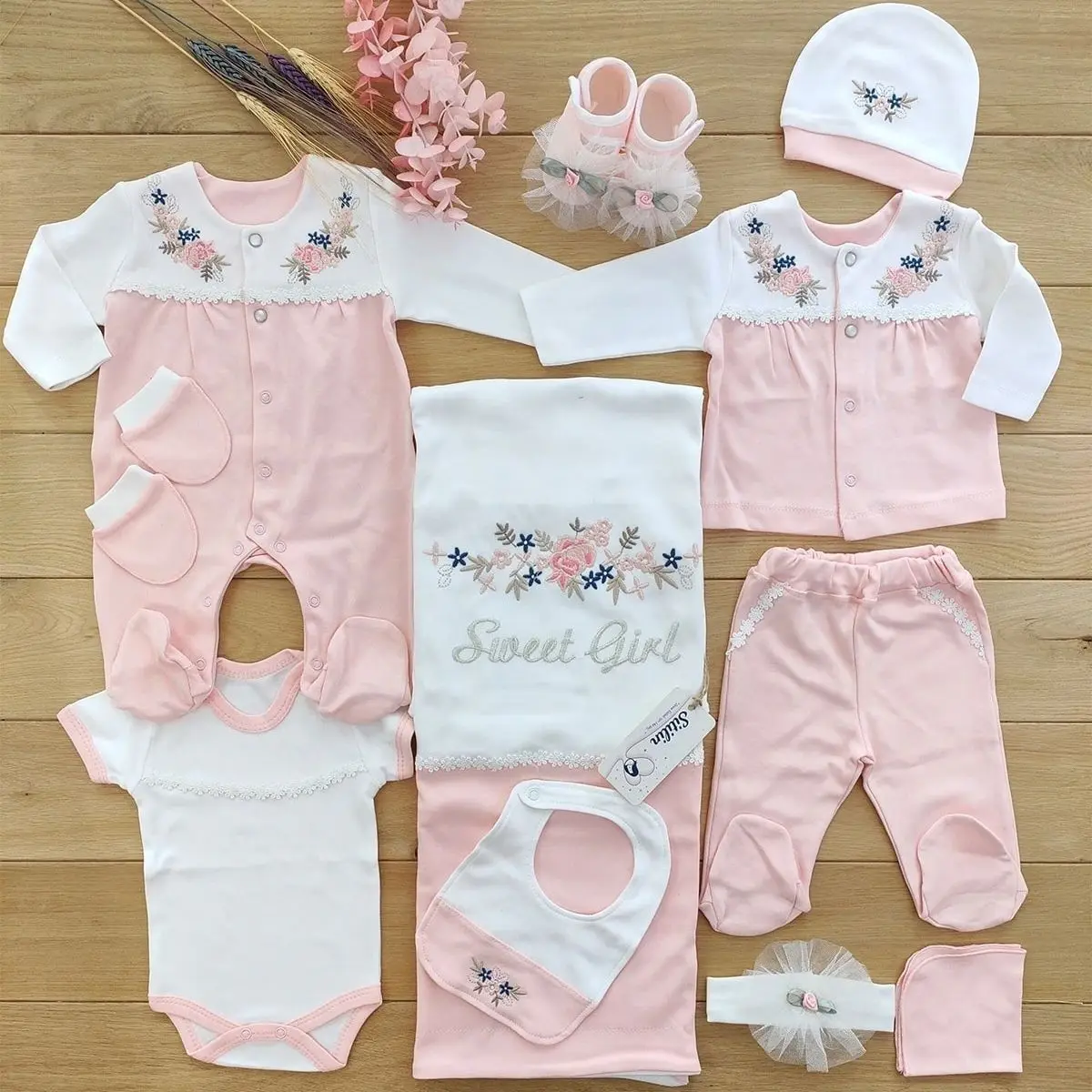 Baby Girl Pink 10 Pieces Hospital Outlet Natural Embroidered Set 100% Cotton Baby Clothing 0-3 9,9-12months