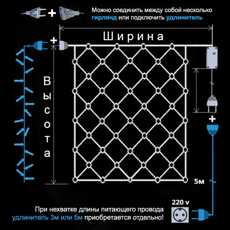 Новогодняя светодиодная гирлянда Сетка с контроллером и коннектором H0014 |
