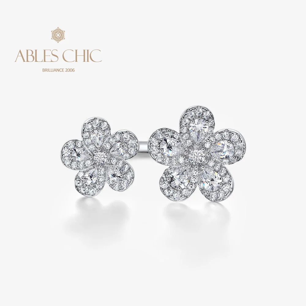 

925 Silver Stone Pave Flowers Open Ring 5A Zircon Nature Refined Adjustable Floral Cocktail Rings S2R1S2R1378