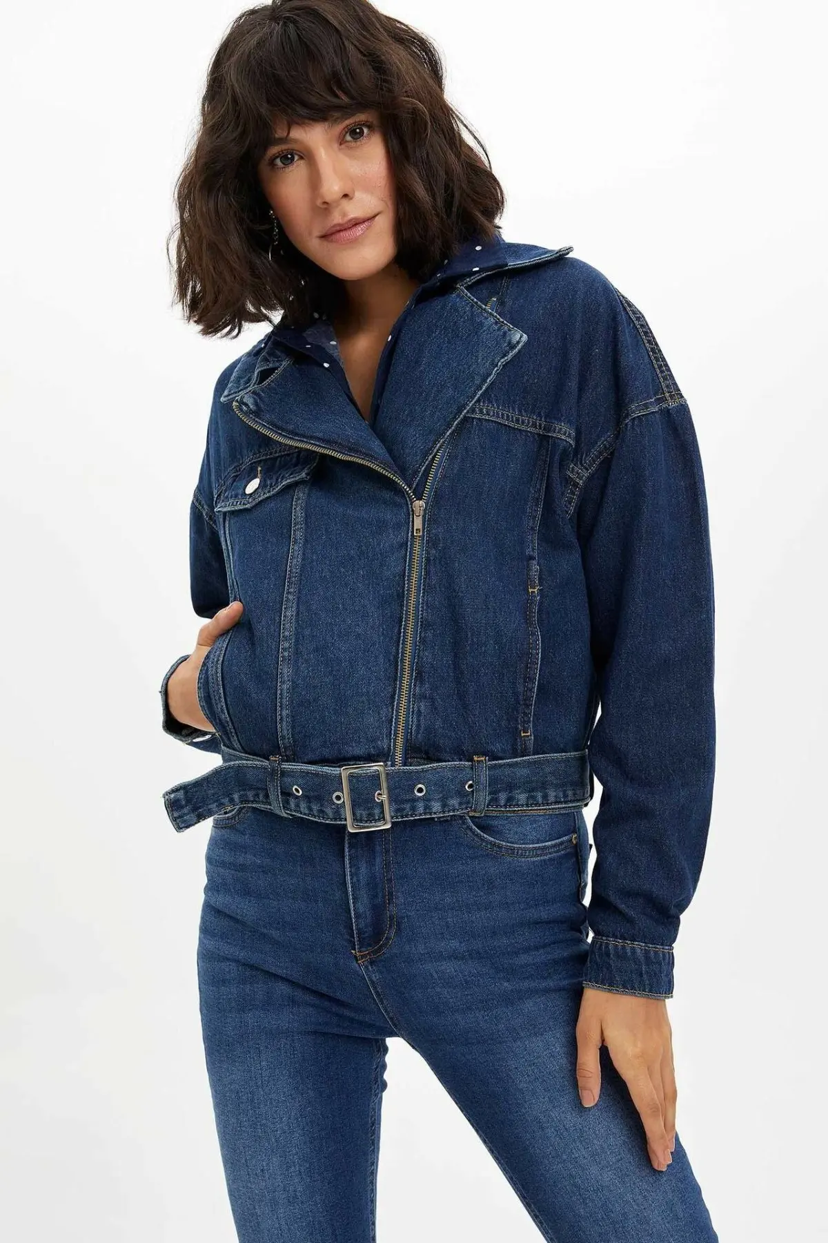 Дефакто модная женская джинсовая куртка с лацканами синяя Повседневная короткая