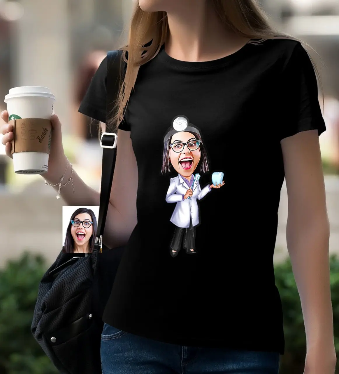 

Персонализированные Женские стоматологи карикатура черного T-Shirt-1