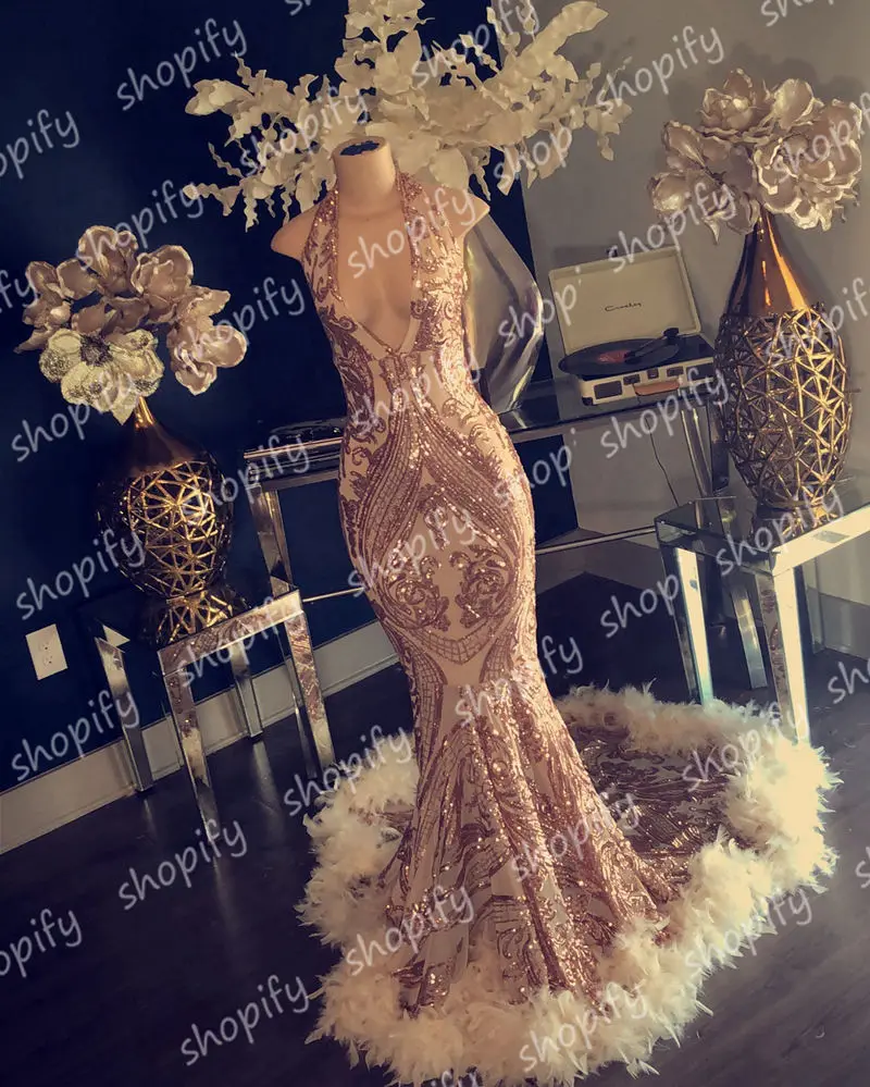 

2020 Long Prom Dresses For Women Sparkly Sexy Mermaid Rose Gold Sequined Feather African Black Girl Prom Dress