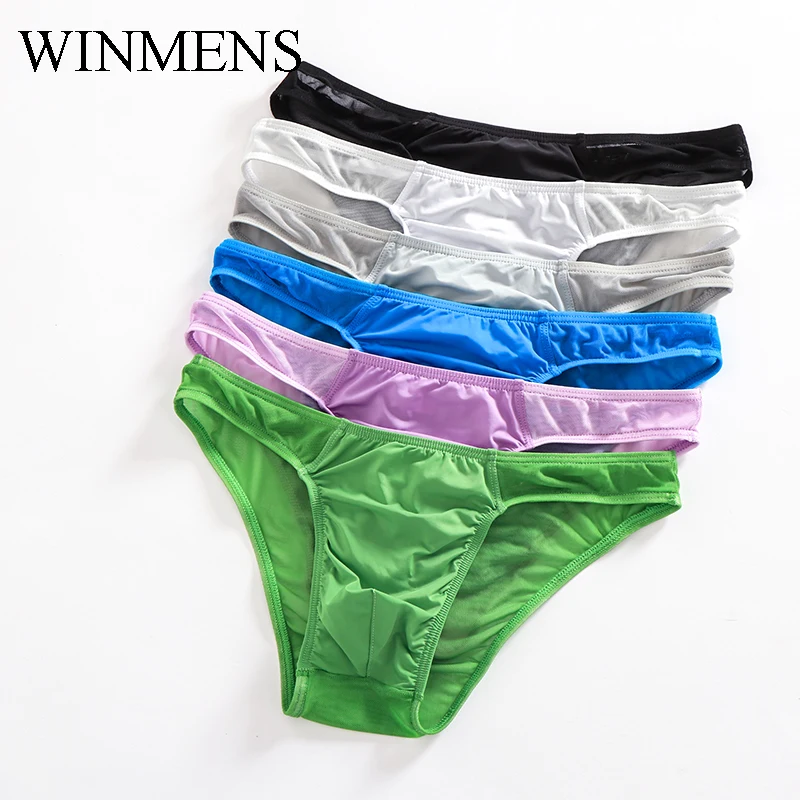 

Men's Mini Briefs Underwear 5 Pcs/Lot Solid Mesh Sheer Elastic Bulge Pouch Gay Sexy See Through Jocksrtaps Panties
