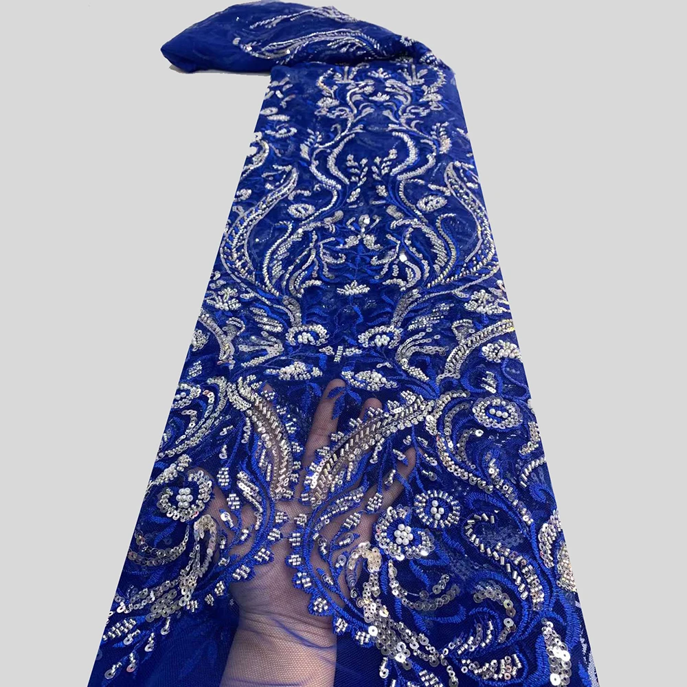 

Sinya African Royal Blue Beaded Lace Fabric Luxury Nigerian Pearls Sequins French Mesh Lace Fabrics 2022 French Net With Sequins
