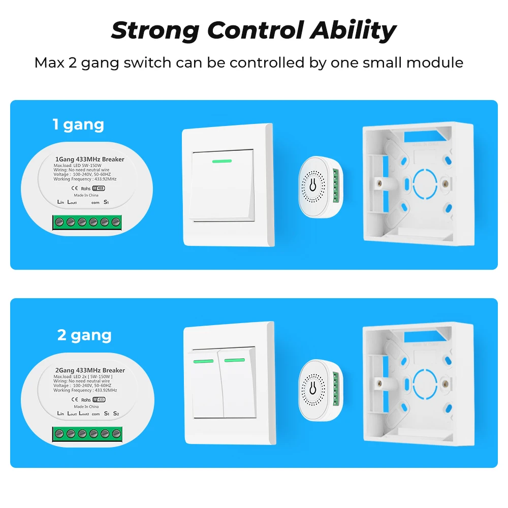 Без нейтрального провода 1/2 Gang 2 Way RF 433MHZ Switch Light Smart Wireless Module Home Electric Control Wall On Off Breaker
