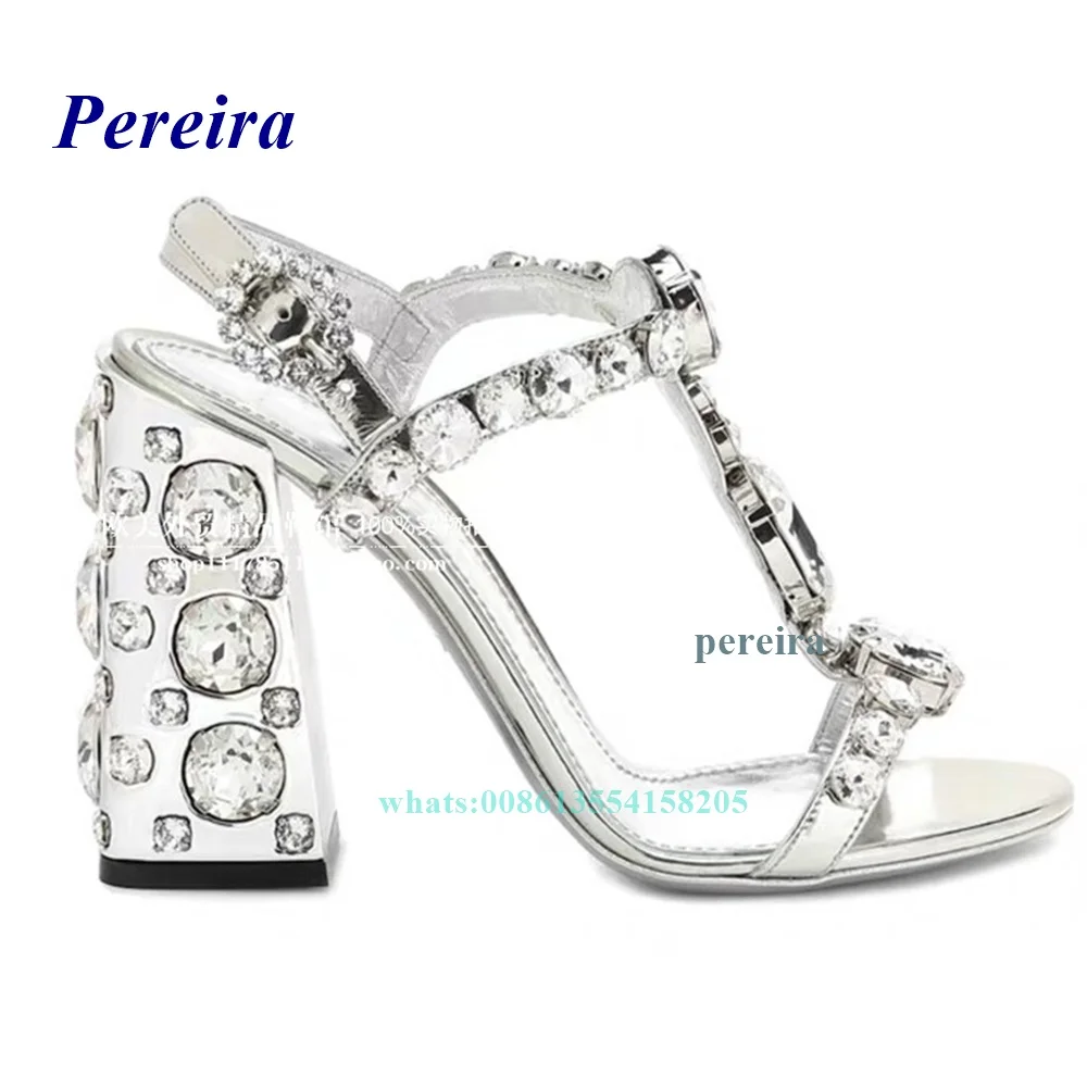 2022 Silver Rhinestones T Strap Open Toe Buckle Strap Crystal Sandals Chunky Heel Patent Leather Summer Womens Shoes Luxury