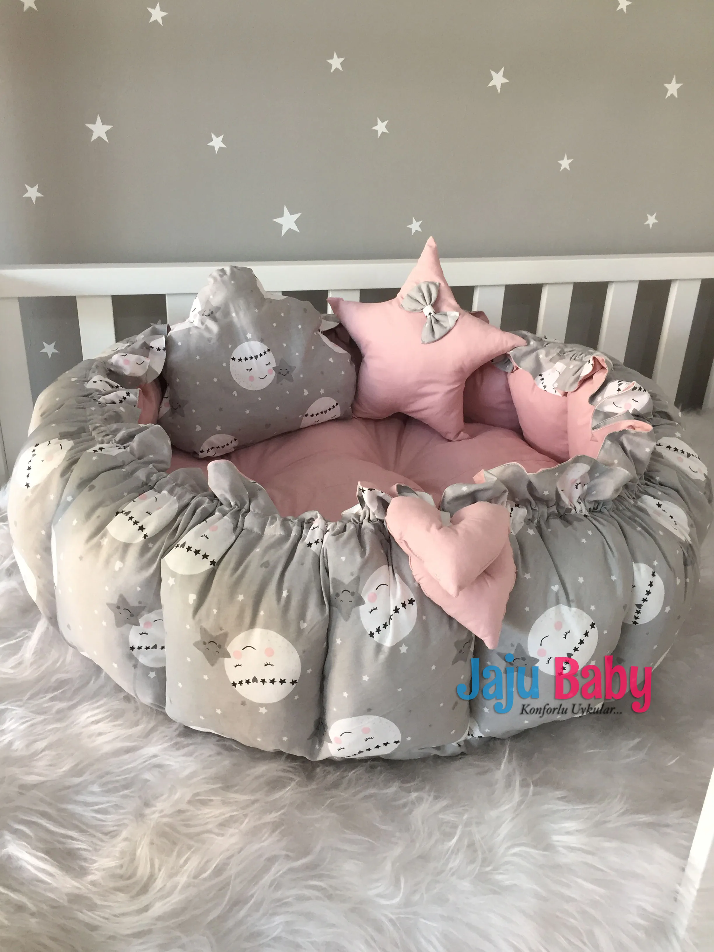 Jaju Baby Handmade Gray Full Moon Patterned Design Luxury Play Mat Babynest Maternal Bed Double-sided Use Baby Activity Portable