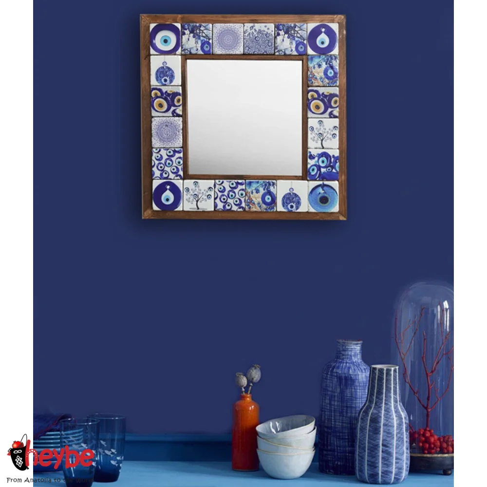 

Handmade Decorative Natural Travertine-Limestone Stone Mirror Wooden Framed Evil Eye Beads Wall Decor Quality Gift Ideas Home Office Living Room Bedroom Bathroom Mural Square Easy Hanging Mosaic Nordic Style New 3D